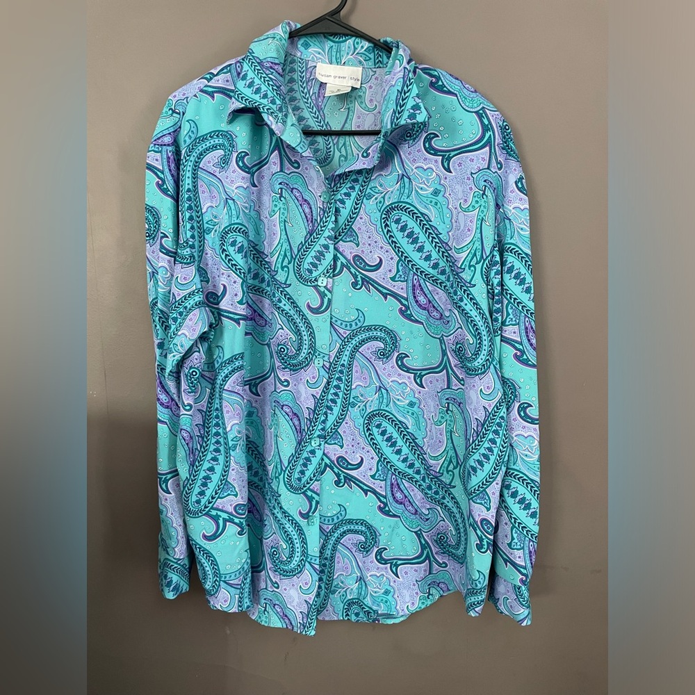 Susan Graver Vintage Blue & Purple Paisley Pattern Button Down Blouse Size XL